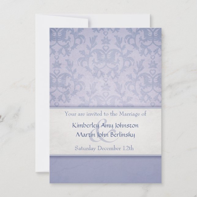 Blue damask formal wedding invitation (Front)