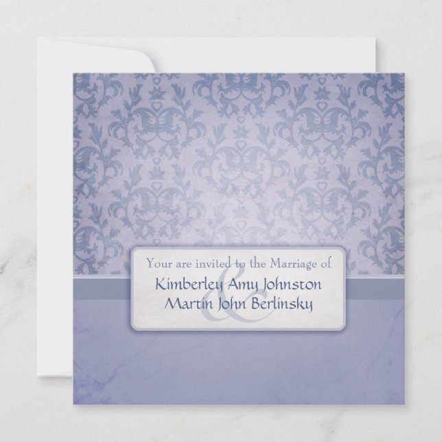 Blue damask formal wedding square invitation (Front)