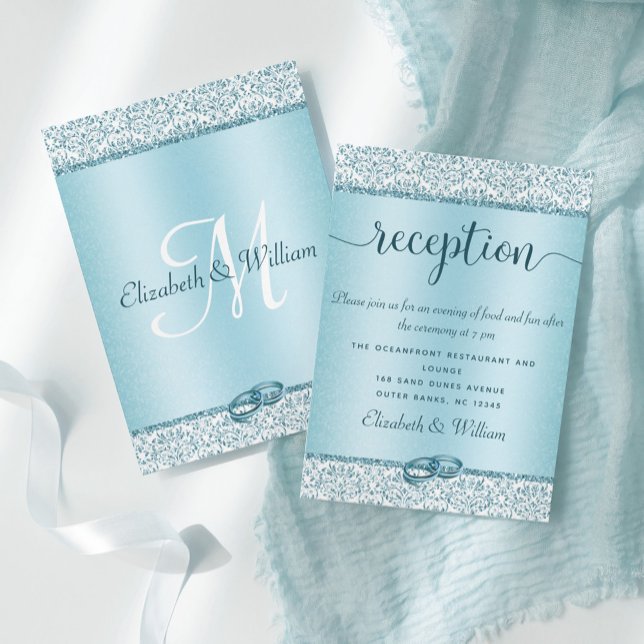Blue Damask Glitter Wedding Reception Enclosure Card (Creator Uploaded)