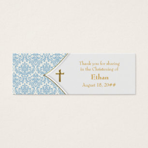 Blue Damask Gold Cross Bomboniere Tags