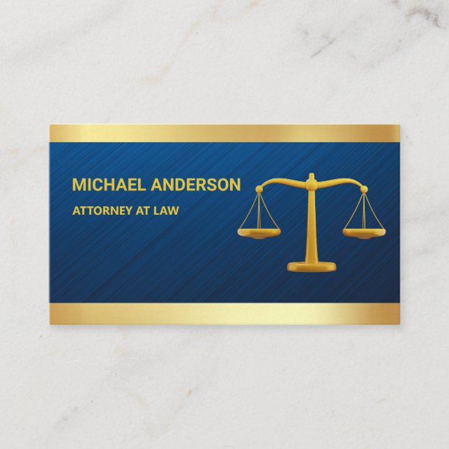 Blue Damask Gold Justice Scale Lawyer Attorney  Business Card (Front)