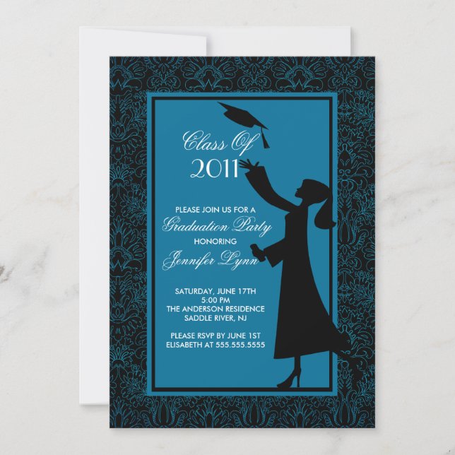 Blue Damask Graduation Invitation Silhouette Grad (Front)