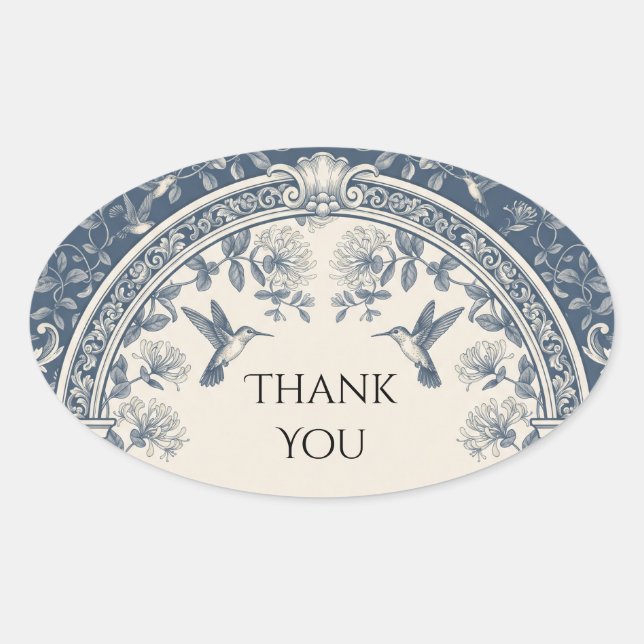 Blue Damask Hummingbird Wedding Sticker (Front)