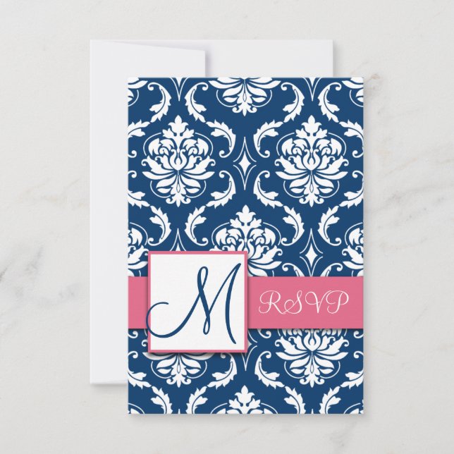 Blue Damask Initial RSVP Cards for Square Invites (Front)