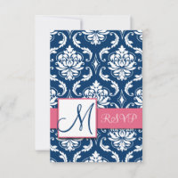 Blue Damask Initial RSVP Cards for Square Invites