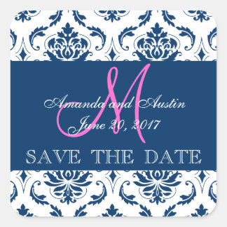 Blue Damask Initial Save the Date Sticker