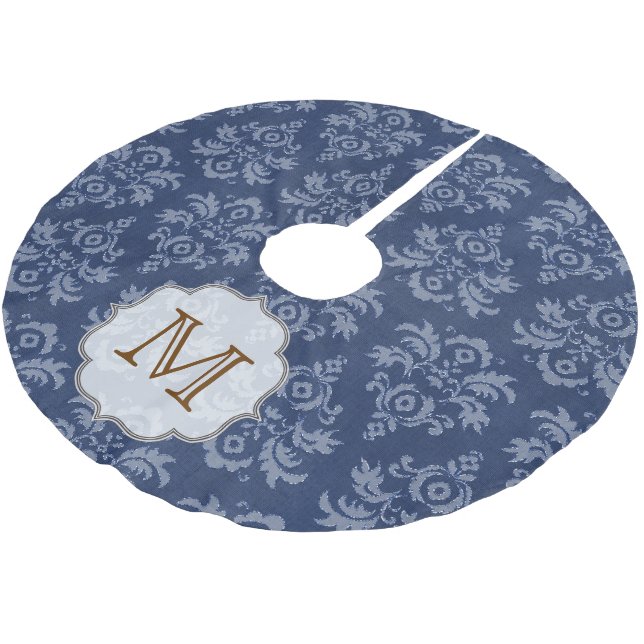 Blue Damask Lace Monogram Initial Tree Skirt (Angled)