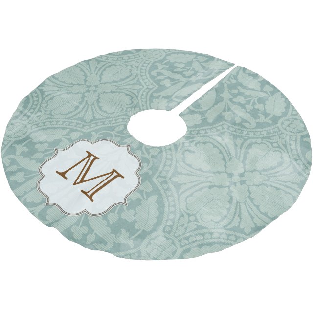 Blue Damask Lace Print Monogram Initial Tree Skirt (Angled)
