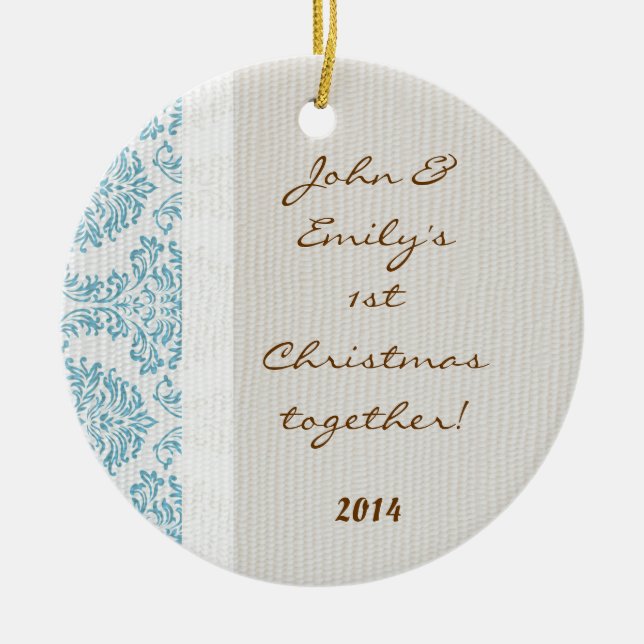Blue Damask Lace Print Personalised Name Ornament (Front)