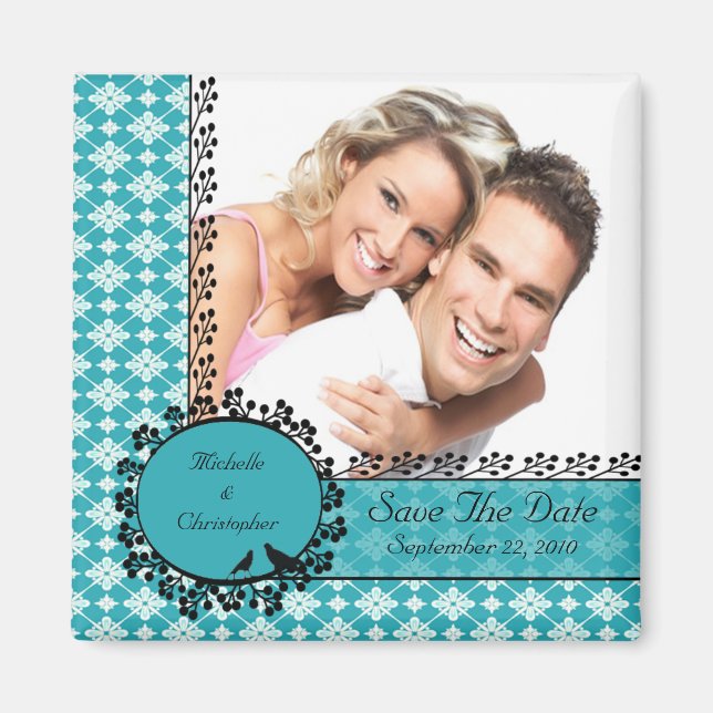 Blue Damask Love Birds Photo Save The Date Magnet (Front)