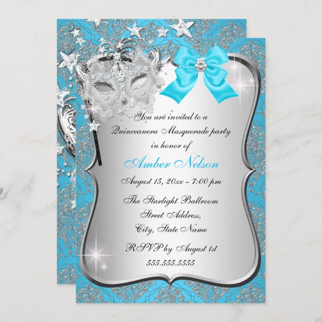 Blue Damask Mask Quinceanera Masquerade Invite (Front/Back)