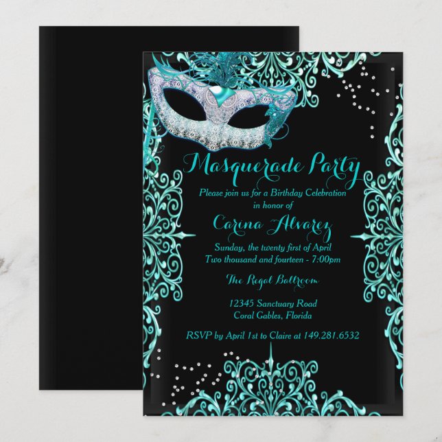 Blue Damask Masquerade Birthday Invitation (Front/Back)
