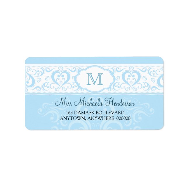 Blue Damask Monogram Address Label (Front)