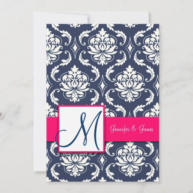 Blue Damask Monogram Invitations Pink 5 x 7 (Front)