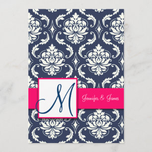Blue Damask Monogram Invitations Pink 5 x 7