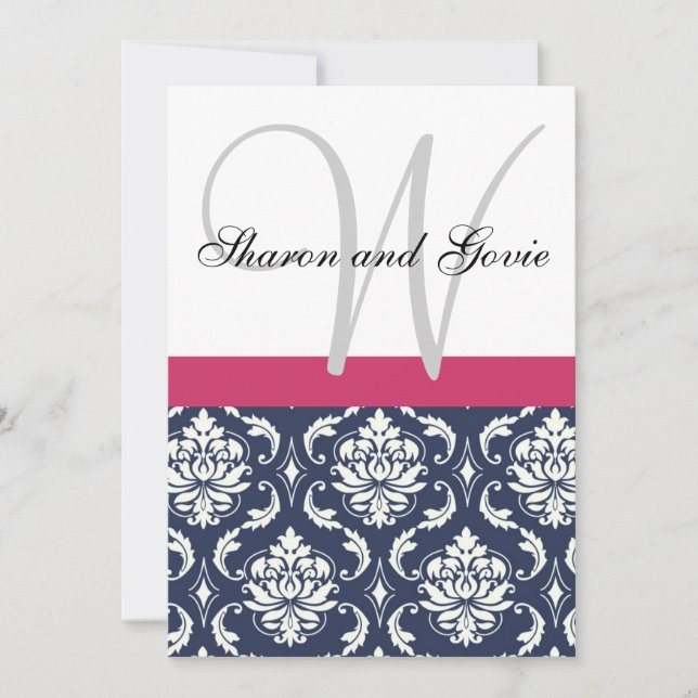 Blue Damask Monogram Names Wedding Invitation (Front)