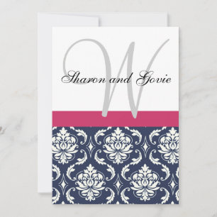 Blue Damask Monogram Names Wedding Invitation