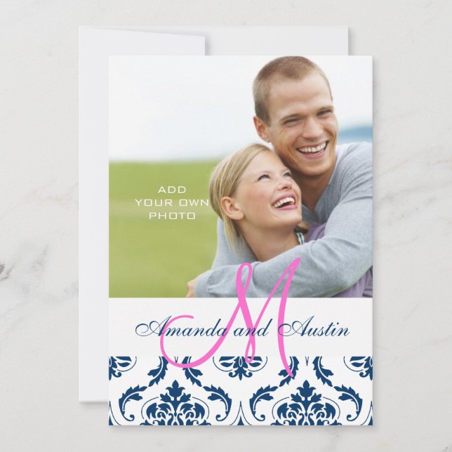 Blue Damask Monogram Photo Wedding Invitations (Front)