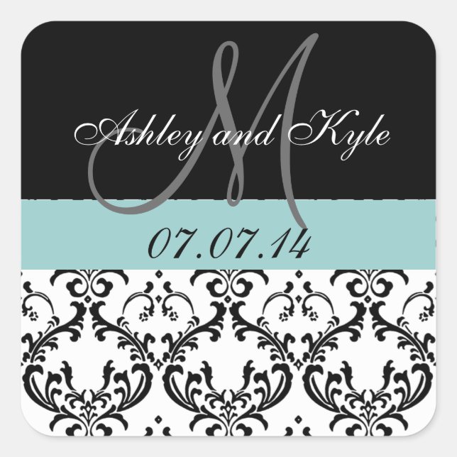 Blue Damask Monogram Save the Date Stickers (Front)