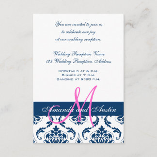 Blue Damask Monogram Wedding Reception Enclosure Card