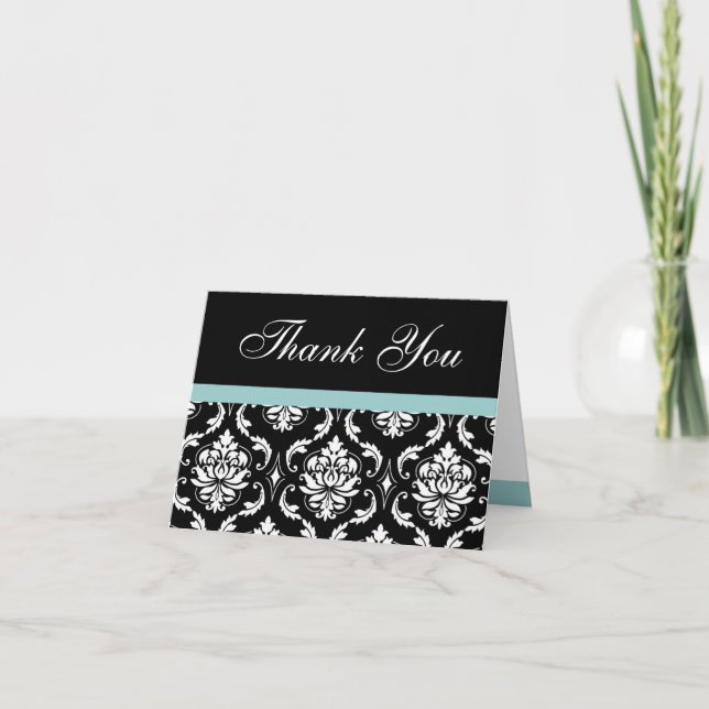 Blue Damask Monogram Wedding Thank You Card (Front)