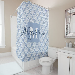 Blue Damask Monogrammed Shower Curtain w/ Name
