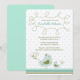 Blue Damask Mum And Baby Bird Chic Baby Shower Invitation