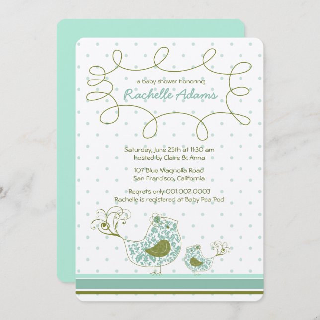 Blue Damask Mum And Baby Bird Chic Baby Shower Invitation (Front/Back)