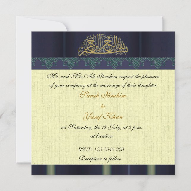Blue Damask Muslim wedding Invitation (Front)