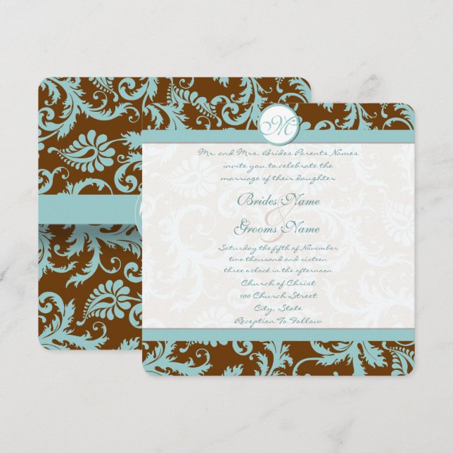 Blue Damask on Brown Wedding Invitation (Front/Back)