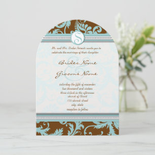 Blue Damask on Brown Wedding Invitation