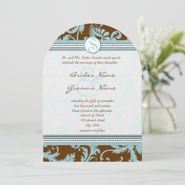 Blue Damask on Brown Wedding Invitation (Standing Front)