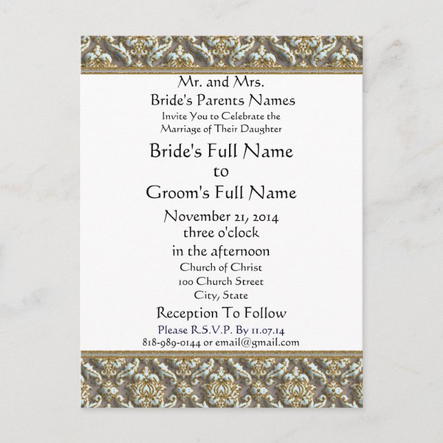 Blue Damask on Grey Wedding Invitation Postcard (Front)