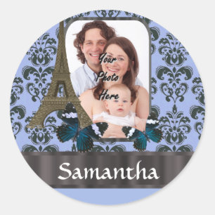Blue damask Paris collage Classic Round Sticker