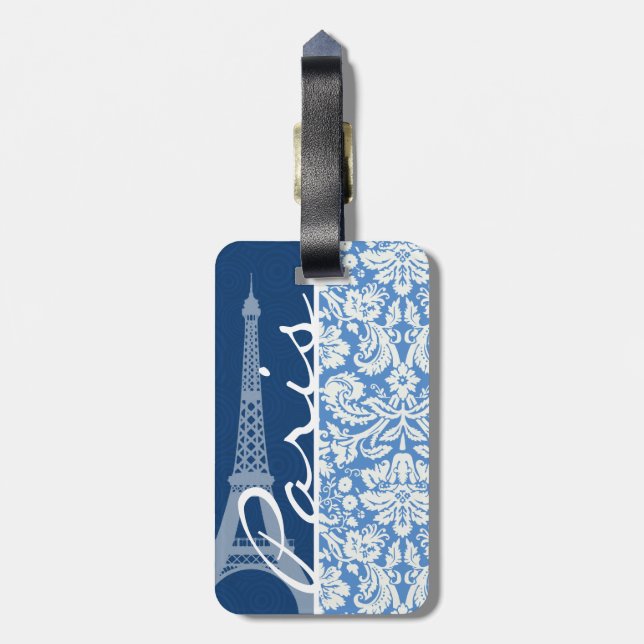 Blue Damask; Paris Luggage Tag (Back Vertical)