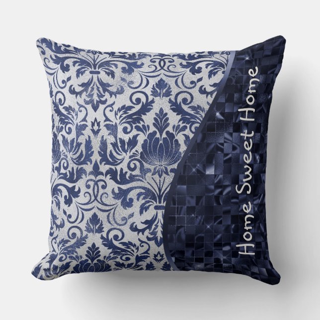 Blue Damask Pattern Glam Glitter Personalised Cushion (Front)