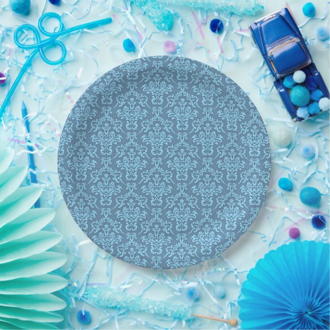 Blue Damask Pattern Paper Plate (Party)