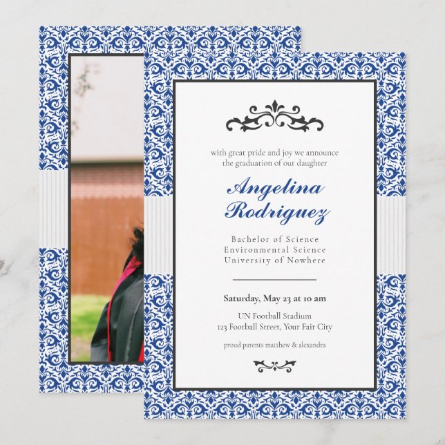 Blue Damask Pattern Photo Graduation Invitation (Front/Back)