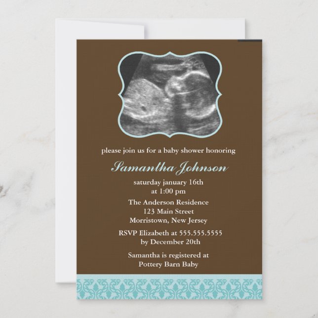 Blue Damask Pattern Sonogram Baby Shower Invitation (Front)