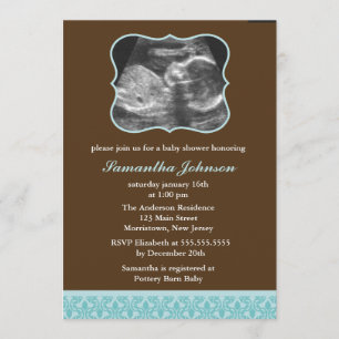 Blue Damask Pattern Sonogram Baby Shower Invitation