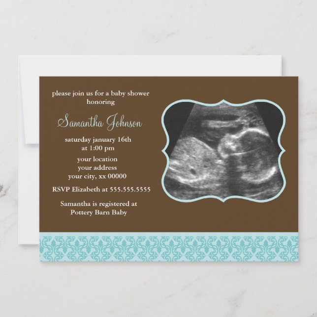 Blue Damask Pattern Sonogram Baby Shower Invitation (Front)