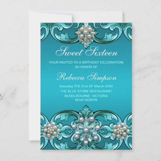 Blue Damask & Pearl Sweet 16 Birthday Invite (Front)
