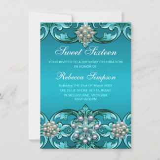 Blue Damask & Pearl Sweet 16 Birthday Invite