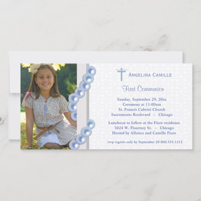 Blue Damask Pearls First Communion Photo Invite (Front)