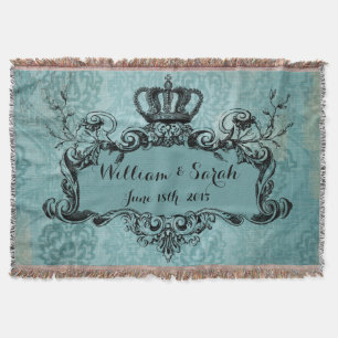 Blue Damask Personalised Wedding Royal Crown Throw Blanket