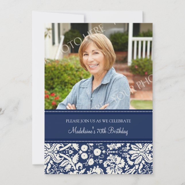 Blue Damask Photo 70th Birthday Party Invitations (Front)