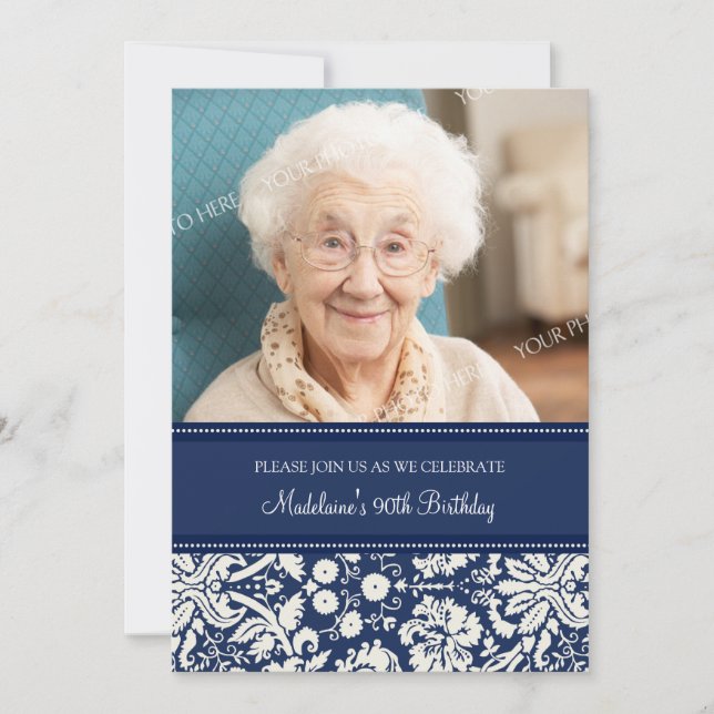 Blue Damask Photo 90th Birthday Party Invitations (Front)