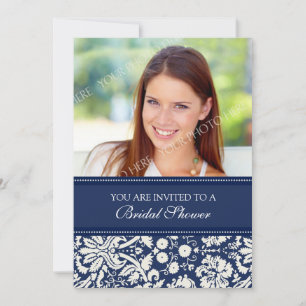 Blue Damask Photo Bridal Shower Invitation Card