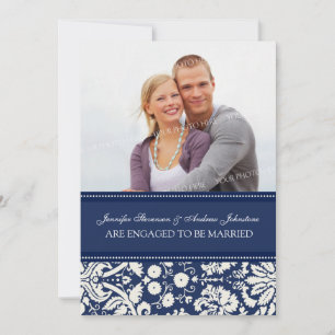 Blue Damask Photo Engagement Announcement Cards