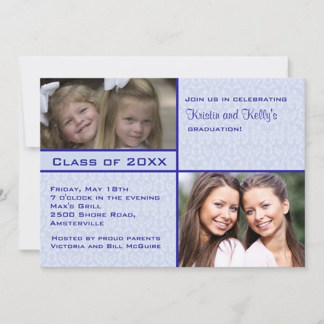 Blue Damask Photo Graduation Invitation (Front)